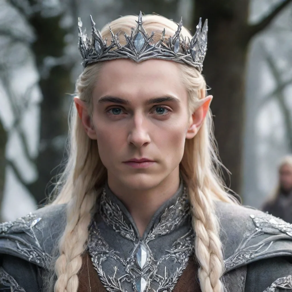 aiking thranduil with blond hair and braids wearing silver twigs encrusted with diamonds to form a silver elvish crown with large center diamond