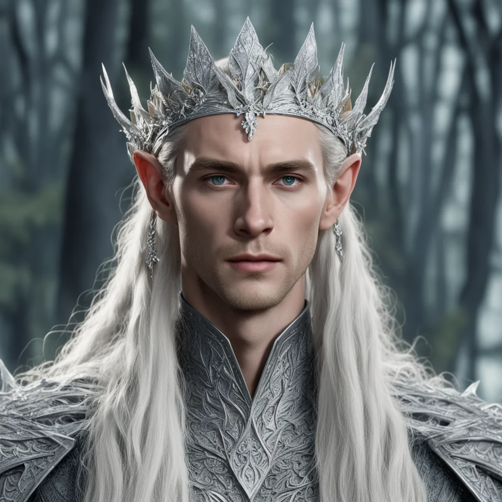 king thranduil with blond hair and braids wearing silver twigs encrusted with diamonds with clusters of diamonds forming a silver elvish circlet with large diamond at center of circlet amazing aweso