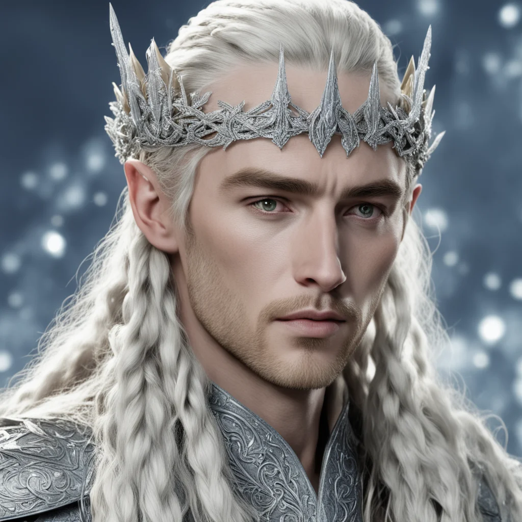 king thranduil with blond hair and braids wearing silver twigs encrusted with diamonds with clusters of diamonds forming a silver elvish circlet with large diamond at center of circlet good looking 