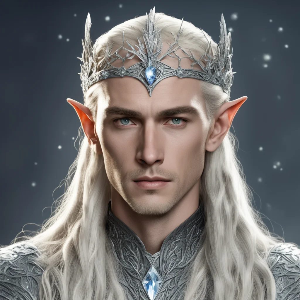 aiking thranduil with blond hair and braids wearing silver twigs encrusted with diamonds with clusters of diamonds forming a silver elvish circlet with large diamond at center of circlet
