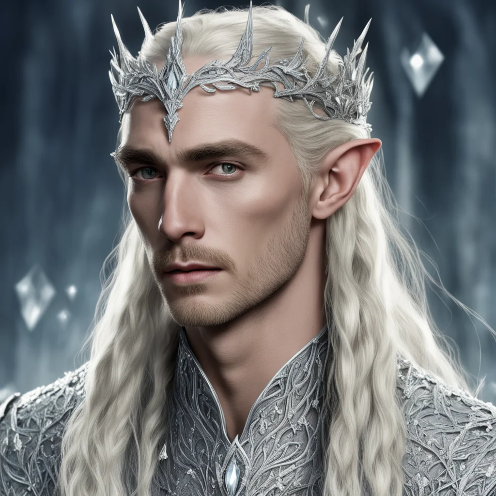 aiking thranduil with blond hair and braids wearing silver twigs encrusted with diamonds with clusters of large diamonds to form a silver elvish circlet with large center diamond