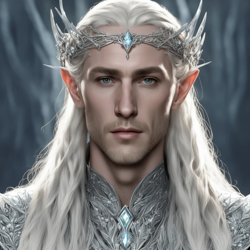 king thranduil with blond hair and braids wearing silver twigs encrusted with diamonds with large diamond clusters to form a silver elvish circlet with large center diamond amazing awesome portrait 