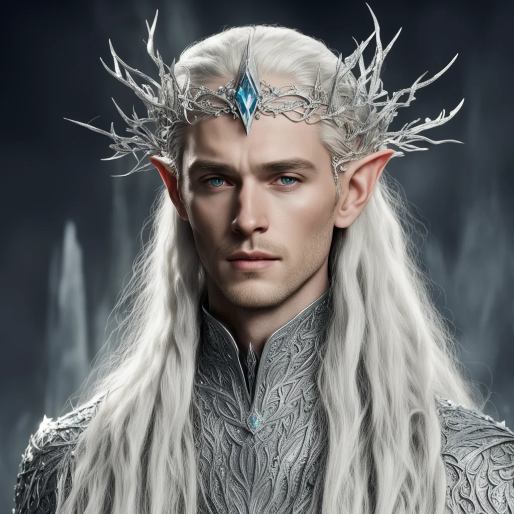 king thranduil with blond hair and braids wearing silver twigs encrusted with diamonds with large diamond clusters to form a silver elvish circlet with large center diamond confident engaging wow ar