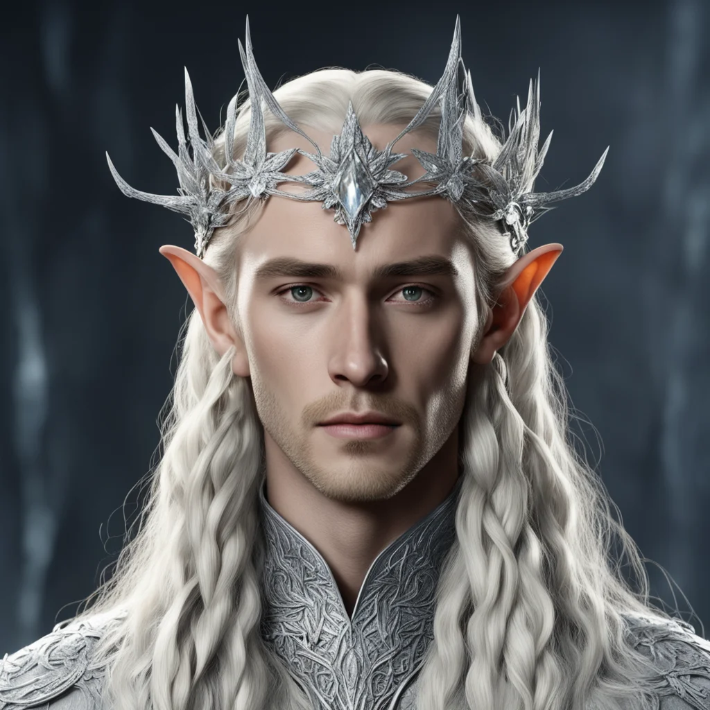 king thranduil with blond hair and braids wearing silver twigs encrusted with diamonds with large diamond clusters to form a silver elvish circlet with large center diamond good looking trending fan
