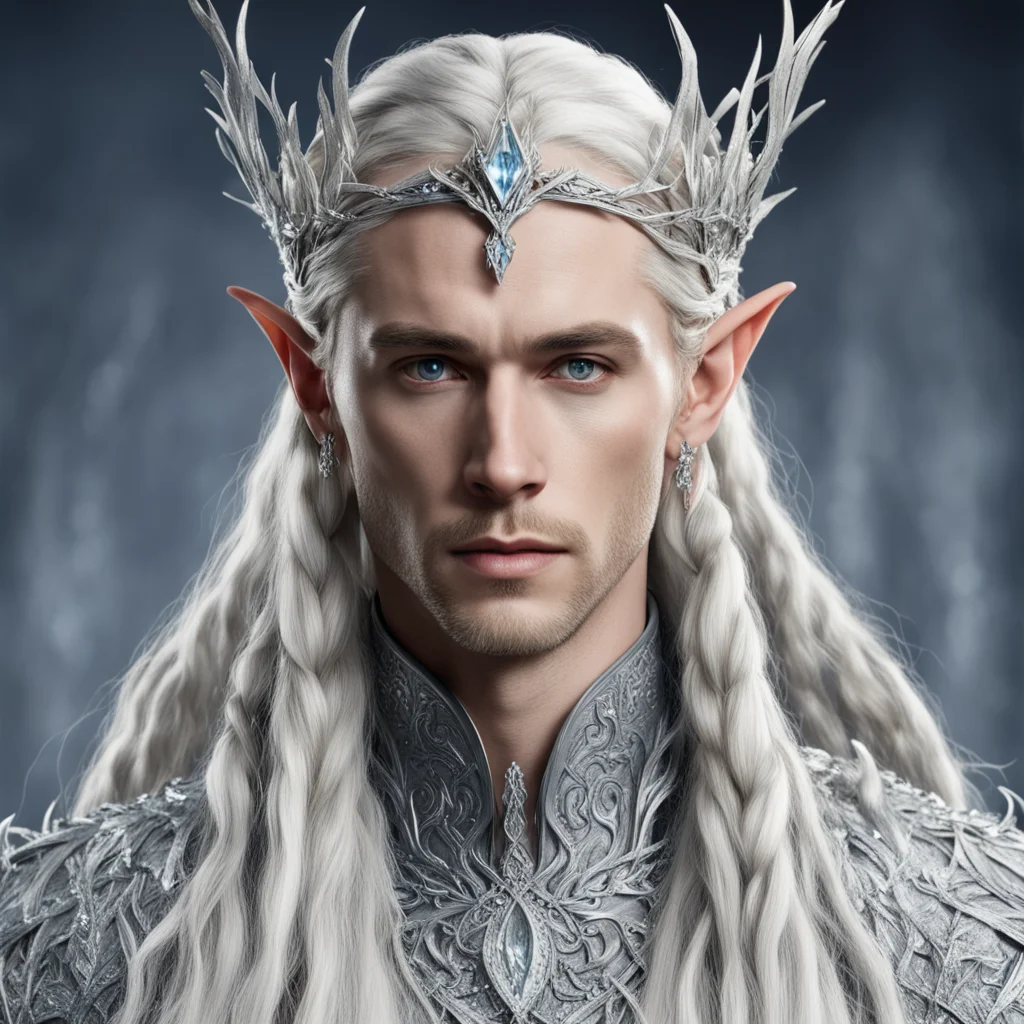 aiking thranduil with blond hair and braids wearing silver twigs encrusted with diamonds with large diamond clusters to form a silver elvish circlet with large center diamond