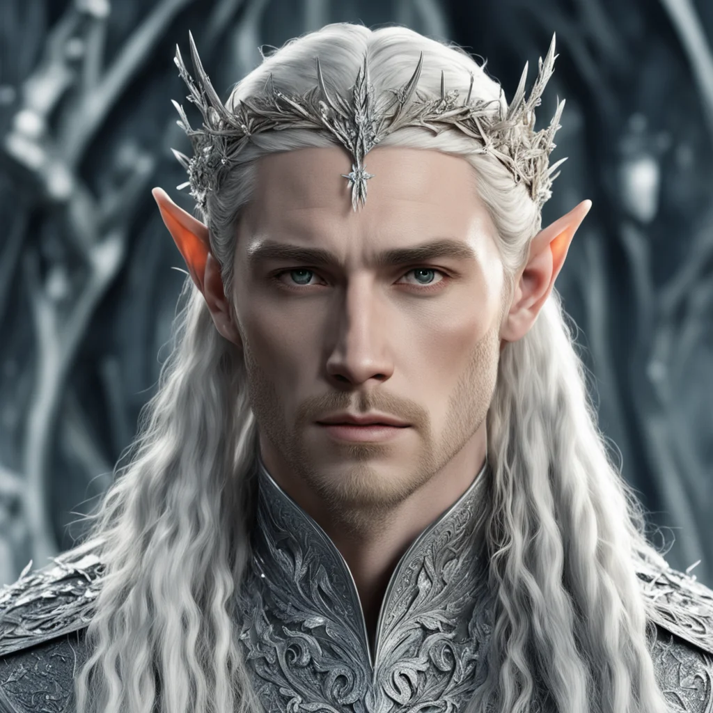 king thranduil with blond hair and braids wearing silver twigs encrusted with diamonds with small silver flowers encrusted with diamonds forming a silver elvish coronet with large center diamond ama
