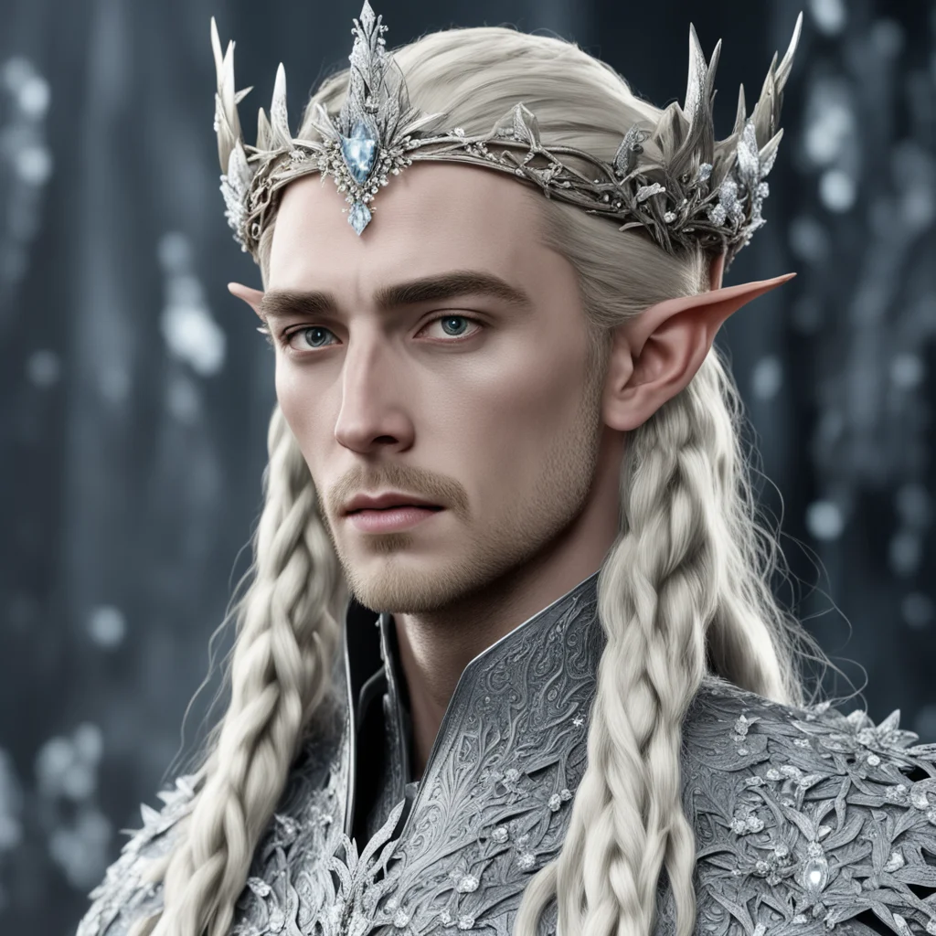 king thranduil with blond hair and braids wearing silver twigs encrusted with diamonds with small silver flowers encrusted with diamonds forming a silver elvish coronet with large center diamond con