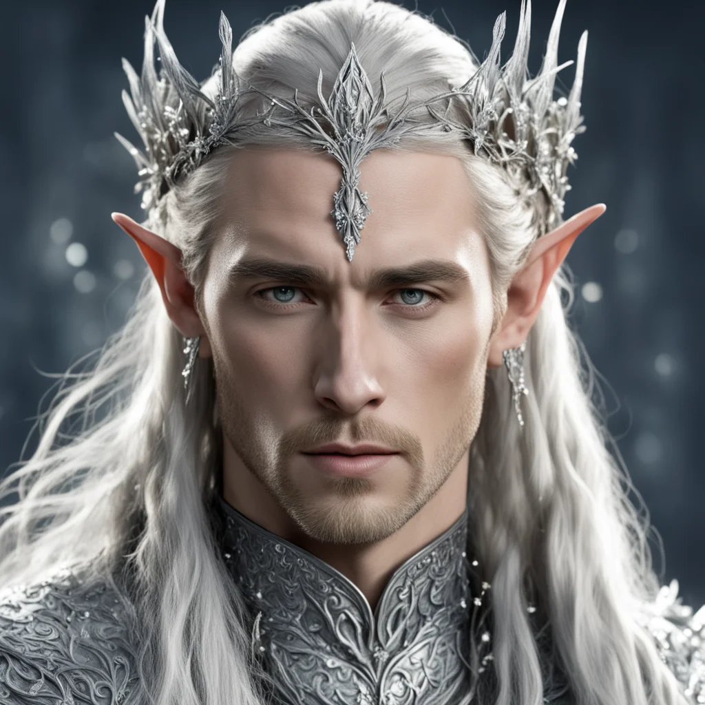 king thranduil with blond hair and braids wearing silver twigs encrusted with diamonds with small silver flowers encrusted with diamonds forming a silver elvish coronet with large center diamond goo