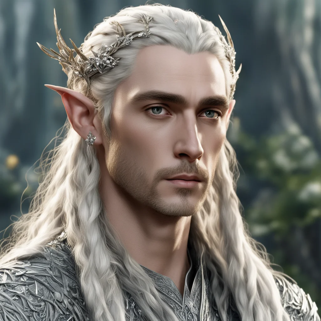 king thranduil with blond hair and braids wearing silver twigs intertwined with large clusters of diamonds in hair amazing awesome portrait 2