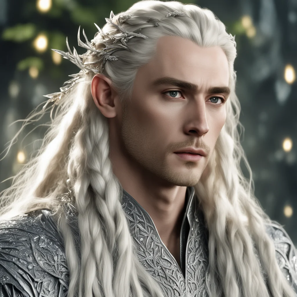 aiking thranduil with blond hair and braids wearing silver twigs intertwined with large clusters of diamonds in hair confident engaging wow artstation art 3