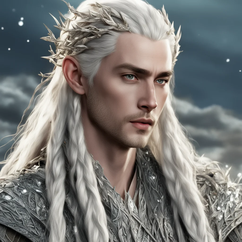 aiking thranduil with blond hair and braids wearing silver twigs intertwined with large clusters of diamonds in hair