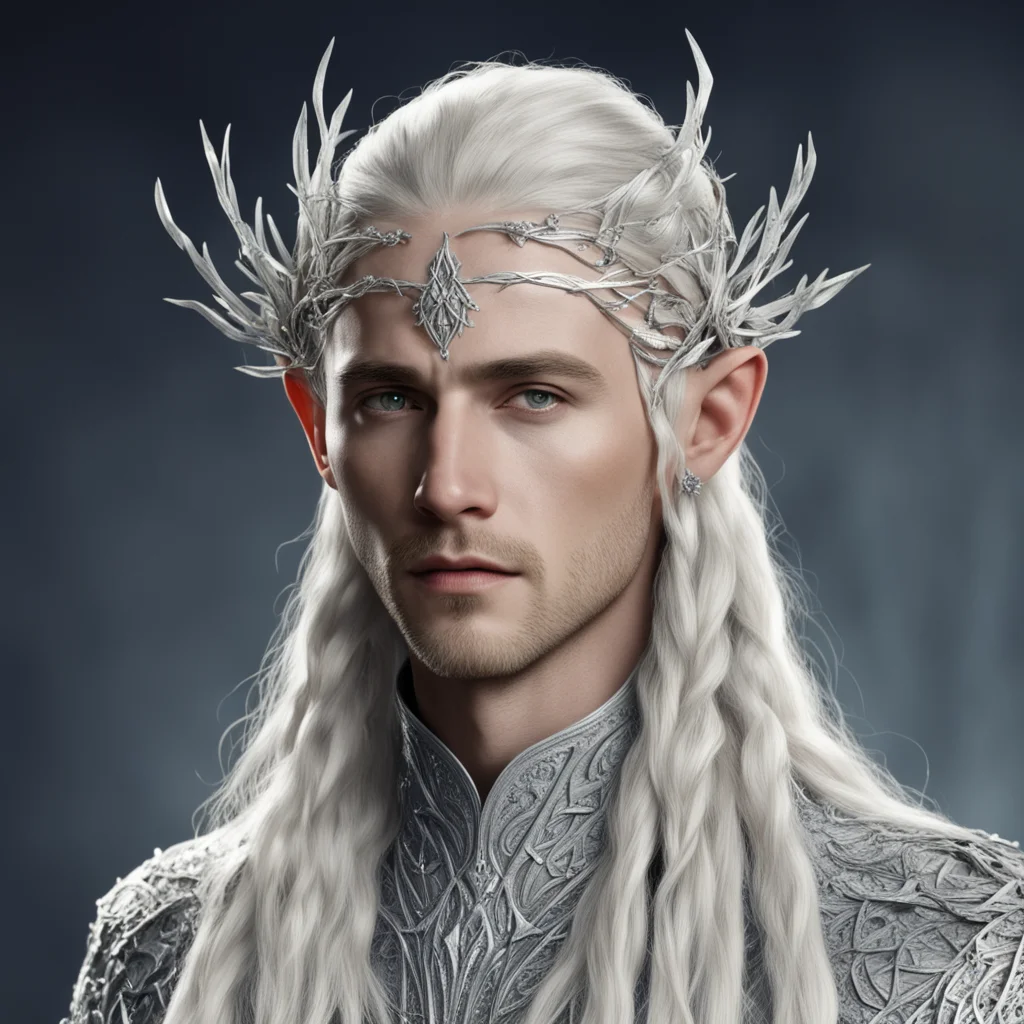 aiking thranduil with blond hair and braids wearing silver twigs with clusters of diamonds intertwined to form a silver elvish circlet with large center diamond amazing awesome portrait 2