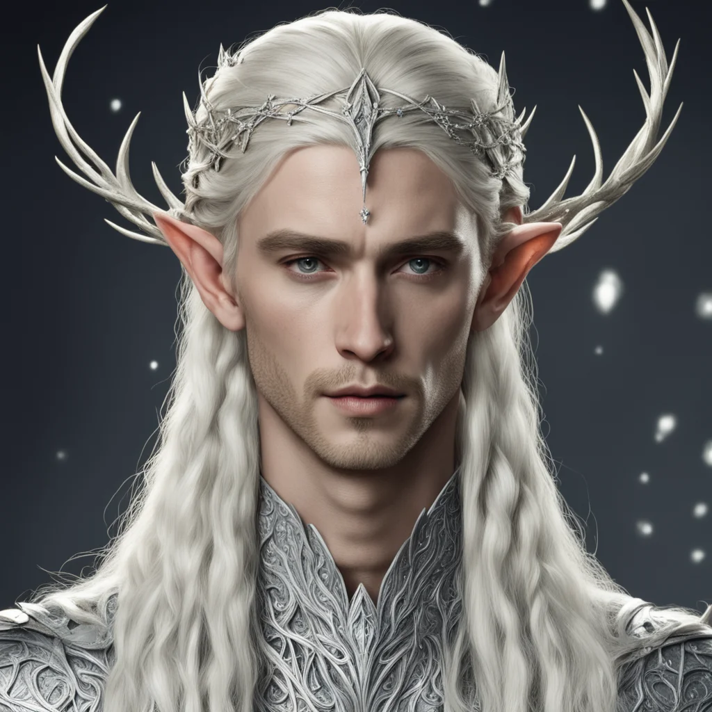 aiking thranduil with blond hair and braids wearing silver twigs with clusters of diamonds intertwined to form a silver elvish circlet with large center diamond good looking trending fantastic 1
