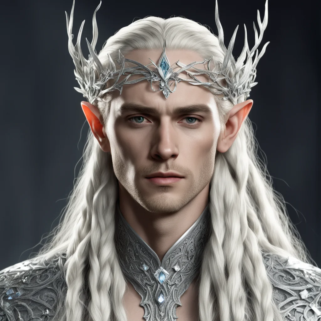 aiking thranduil with blond hair and braids wearing silver twigs with clusters of diamonds intertwined to form a silver elvish circlet with large center diamond
