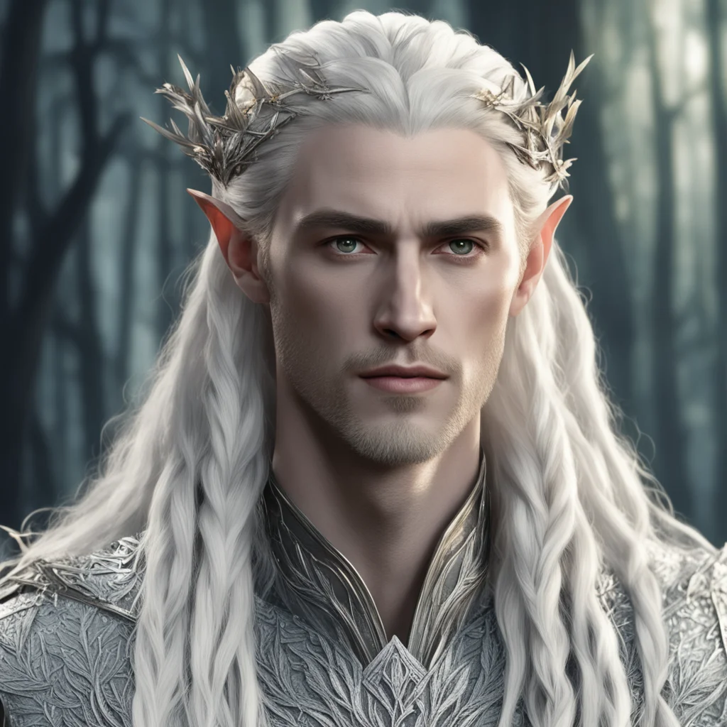 aiking thranduil with blond hair and braids wearing silver twigs with silver leaves with diamonds in hair amazing awesome portrait 2