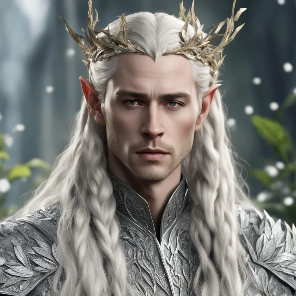 king thranduil with blond hair and braids wearing silver twigs with silver leaves with diamonds in hair