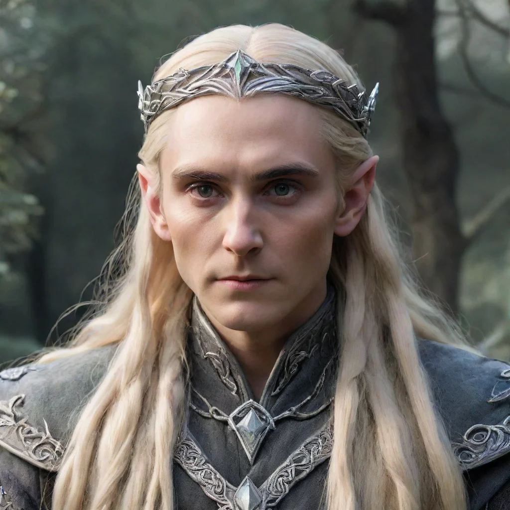 king thranduil with blond hair and braids wearing silver twisted serpentine elvish circlet with large center diamond