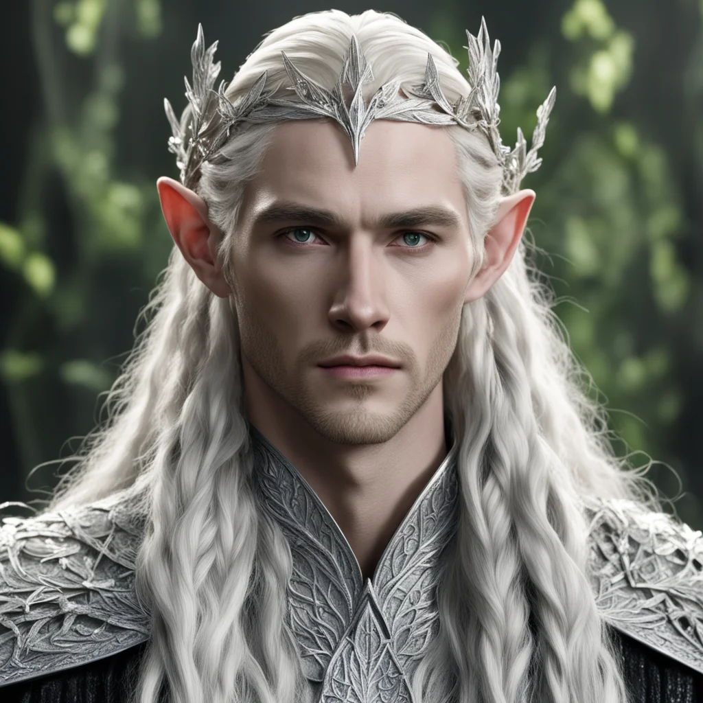 king thranduil with blond hair and braids wearing silver vine and leaf silver elvish circlet encrusted with diamonds with large center diamond  amazing awesome portrait 2