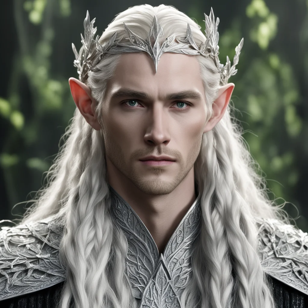 aiking thranduil with blond hair and braids wearing silver vine and leaf silver elvish circlet encrusted with diamonds with large center diamond  amazing awesome portrait 2