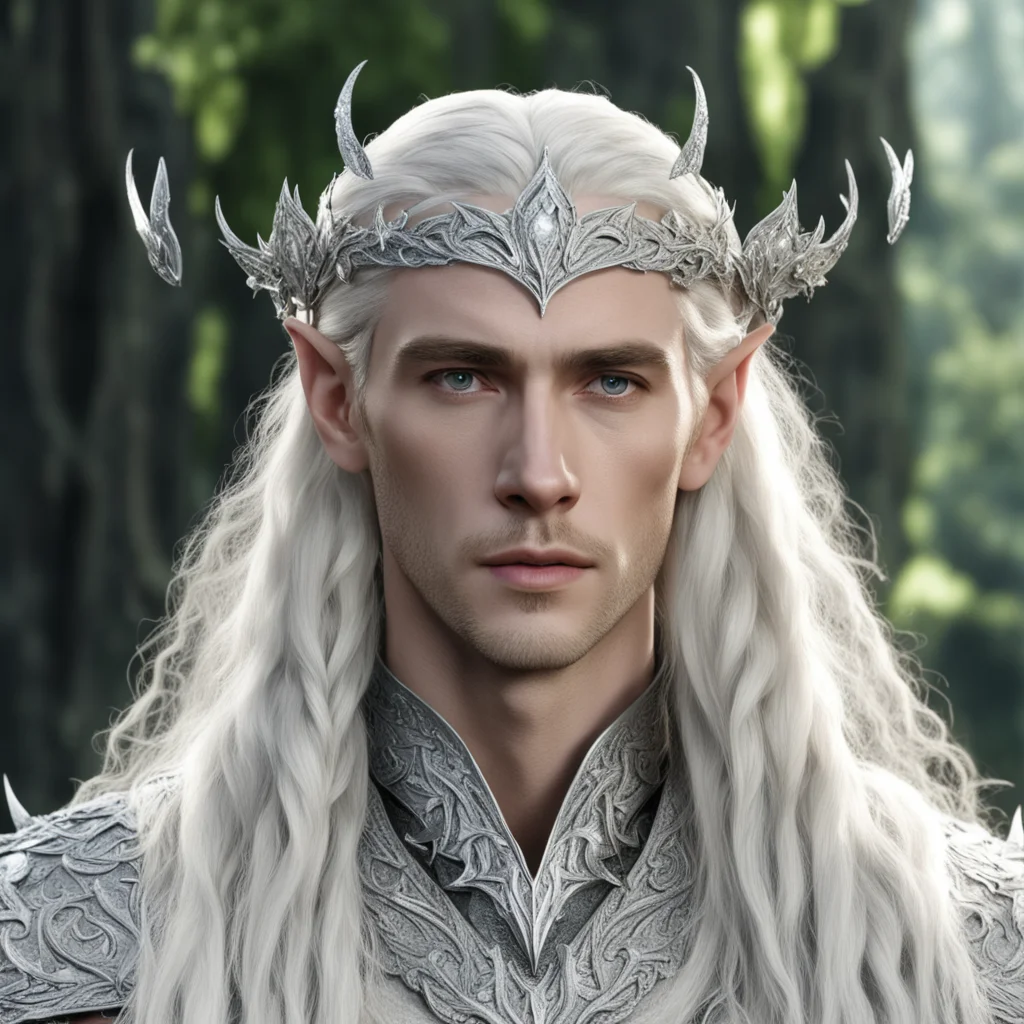 aiking thranduil with blond hair and braids wearing silver vine and leaf silver elvish circlet encrusted with diamonds with large center diamond  confident engaging wow artstation art 3