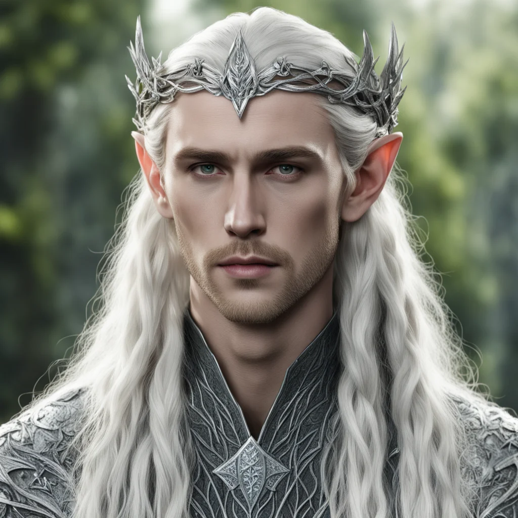 aiking thranduil with blond hair and braids wearing silver vine and leaf silver elvish circlet encrusted with diamonds with large center diamond  good looking trending fantastic 1