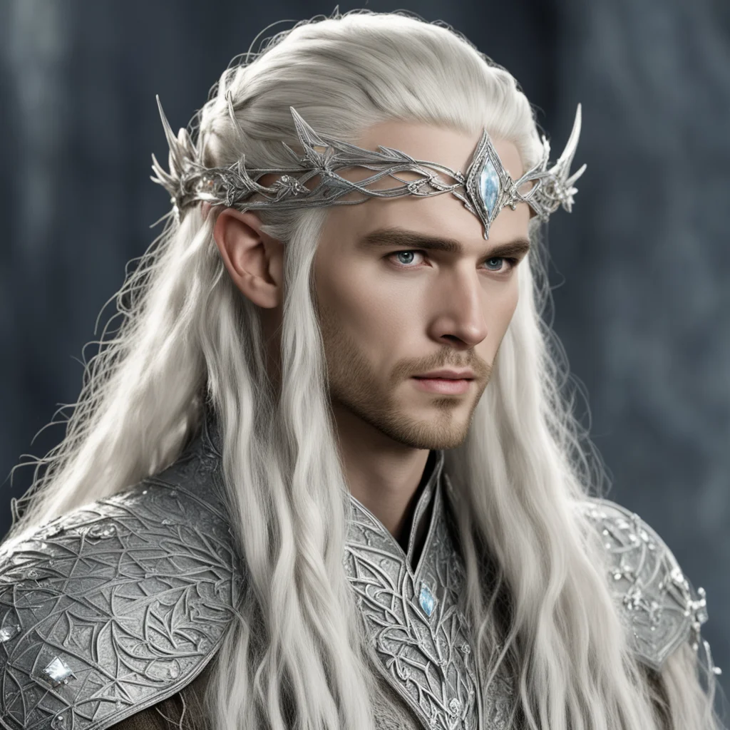aiking thranduil with blond hair and braids wearing silver vine and leaf silver elvish circlet encrusted with large diamonds with large center diamond amazing awesome portrait 2