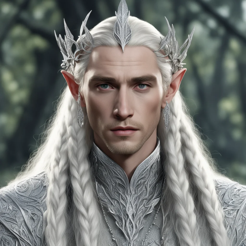 aiking thranduil with blond hair and braids wearing silver vine and leaf silver elvish circlet encrusted with large diamonds with large center diamond confident engaging wow artstation art 3