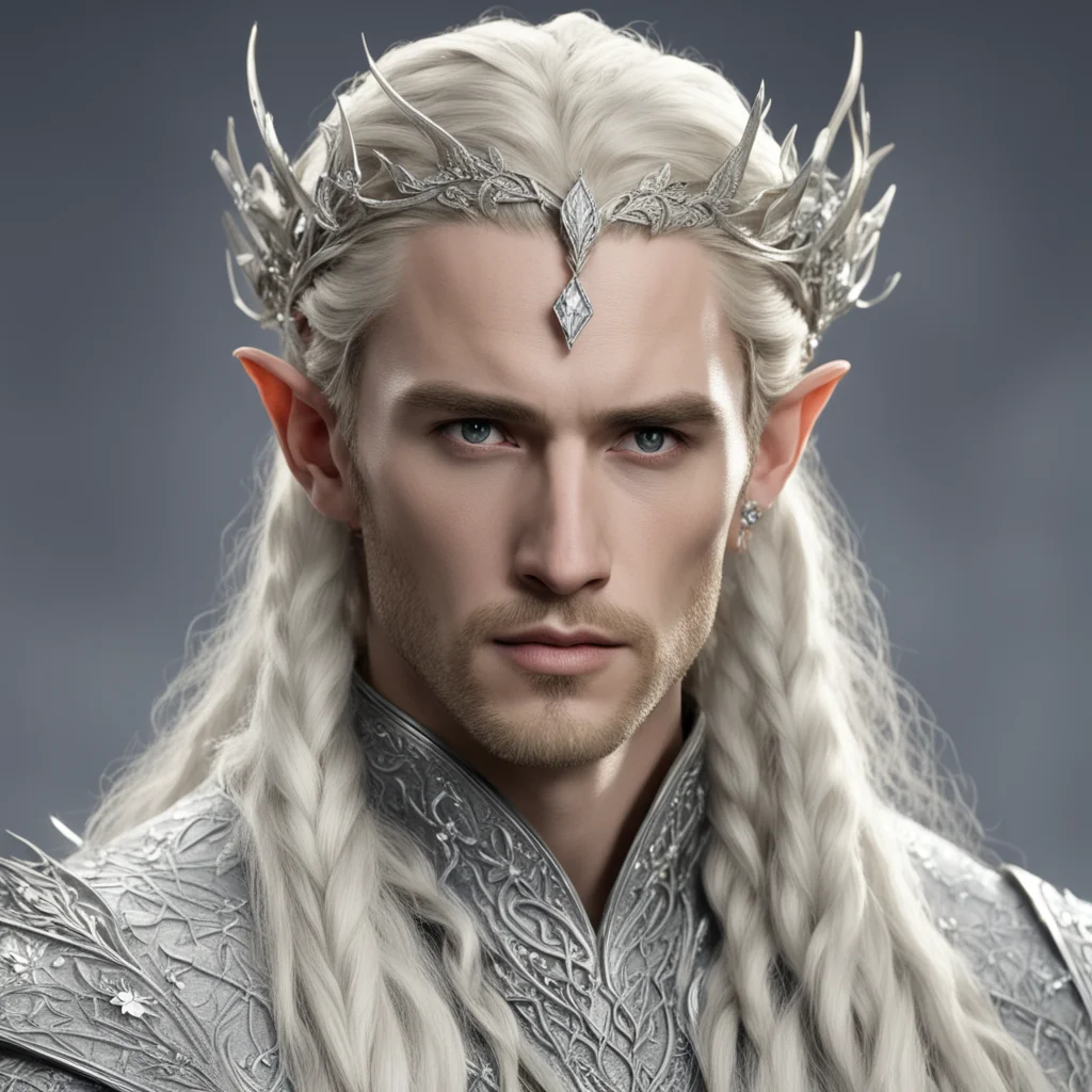 aiking thranduil with blond hair and braids wearing silver vine and leaf silver elvish circlet encrusted with large diamonds with large center diamond good looking trending fantastic 1