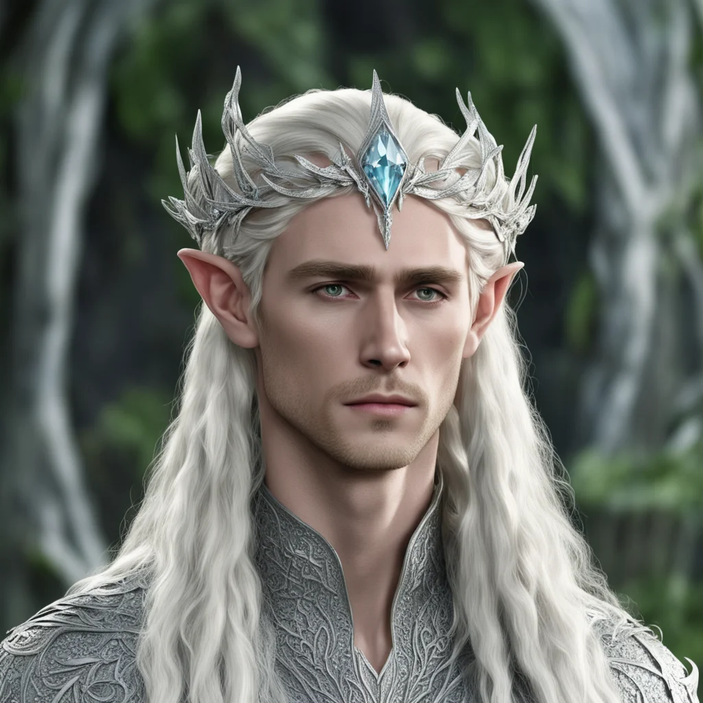 aiking thranduil with blond hair and braids wearing silver vine and leaf silver elvish circlet encrusted with large diamonds with large center diamond