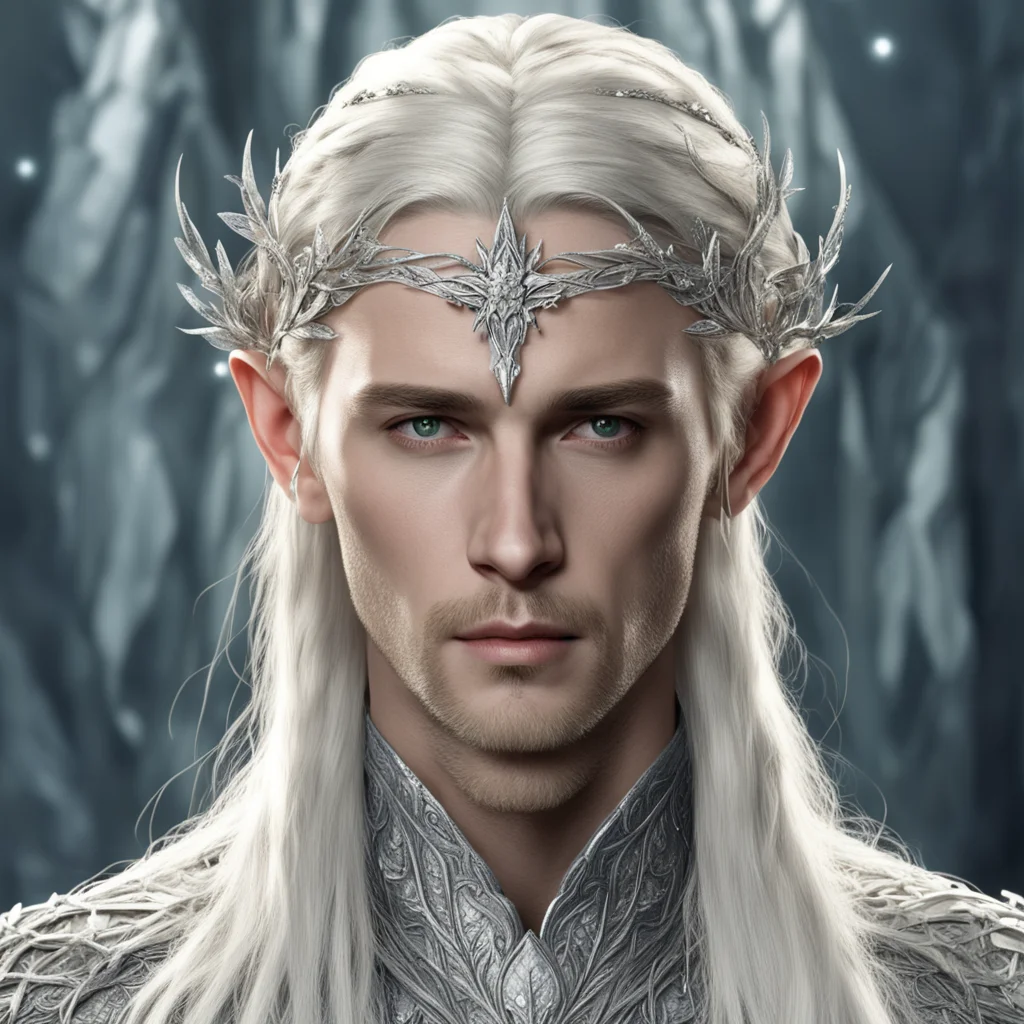 aiking thranduil with blond hair and braids wearing silver vine and silver leaves encrusted with diamonds to form a silver elvish circlet with large center diamond amazing awesome portrait 2