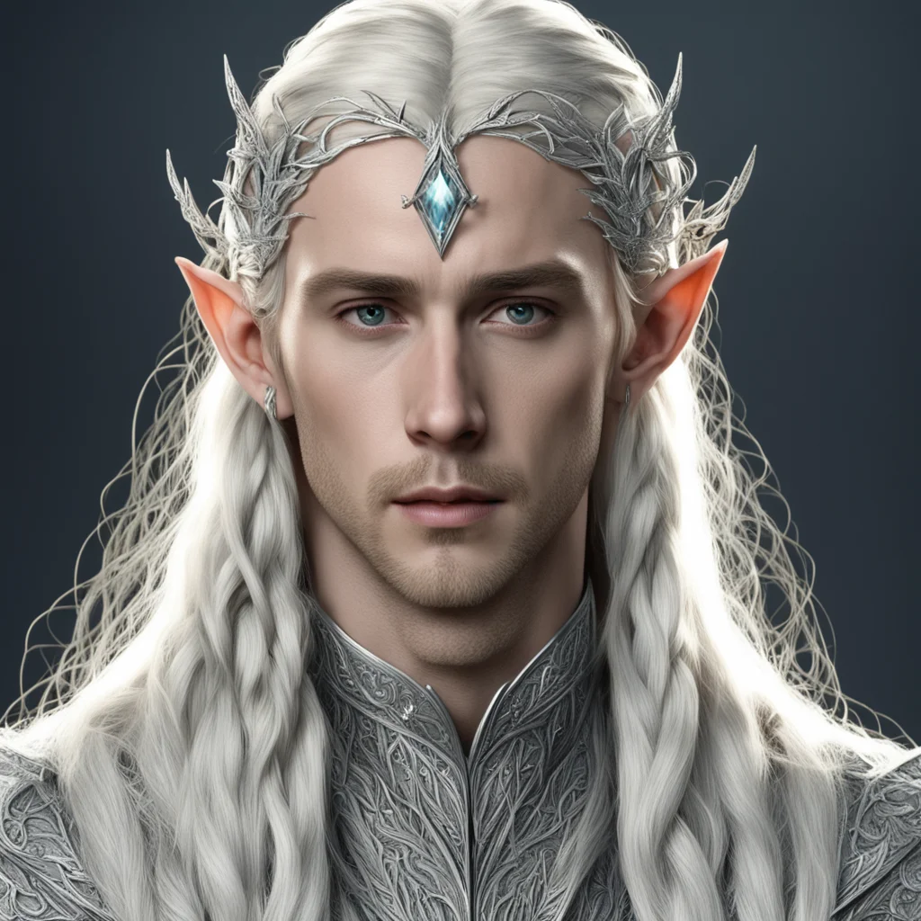 king thranduil with blond hair and braids wearing silver vine and silver leaves encrusted with diamonds to form a silver elvish circlet with large center diamond confident engaging wow artstation ar