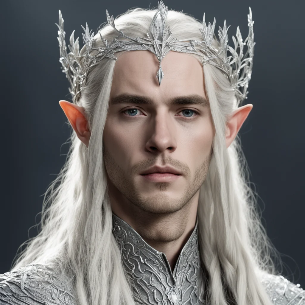 aiking thranduil with blond hair and braids wearing silver vine and silver leaves encrusted with diamonds to form a silver elvish circlet with large center diamond