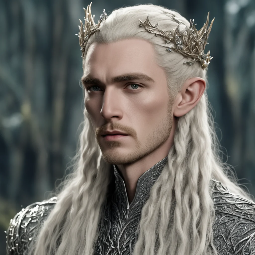 king thranduil with blond hair and braids wearing silver vine elvish hair fork encrusted with diamonds