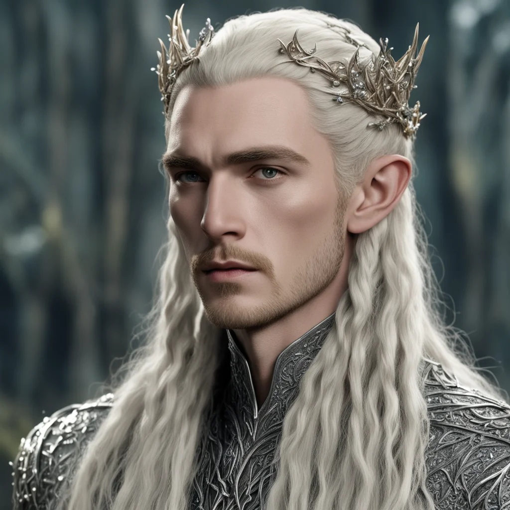 aiking thranduil with blond hair and braids wearing silver vine elvish hair fork encrusted with diamonds