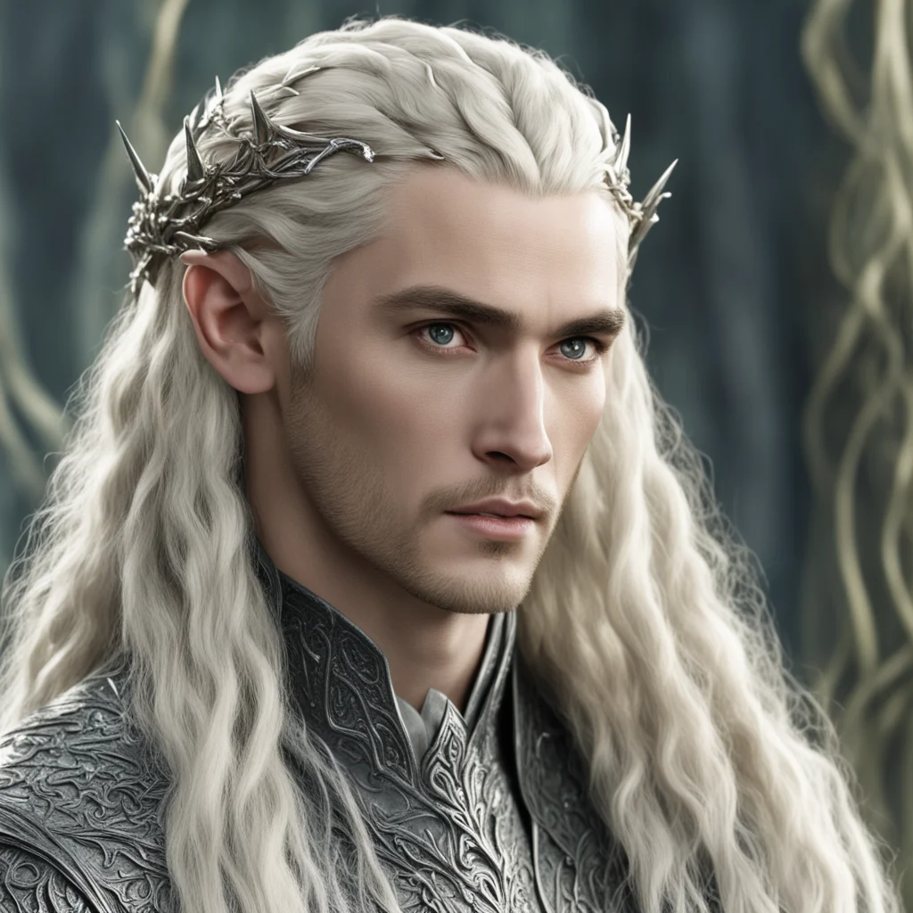 king thranduil with blond hair and braids wearing silver vine elvish hair fork encrusted with large diamonds amazing awesome portrait 2