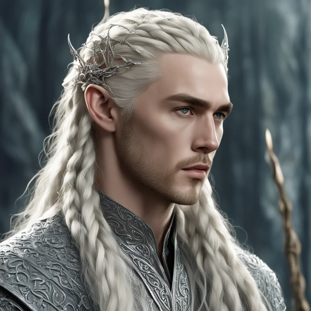 aiking thranduil with blond hair and braids wearing silver vine elvish hair fork encrusted with large diamonds good looking trending fantastic 1