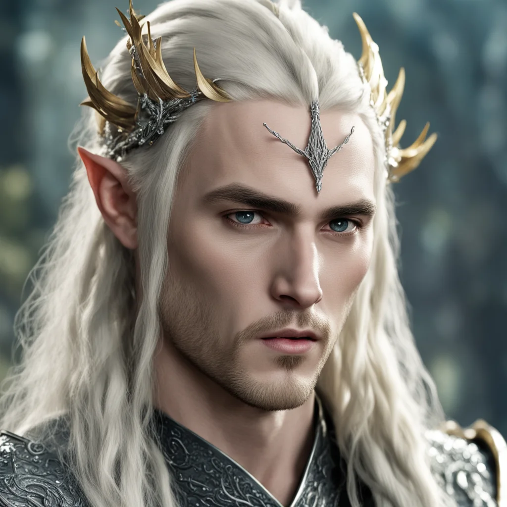 aiking thranduil with blond hair and braids wearing silver vine elvish hair fork encrusted with large diamonds