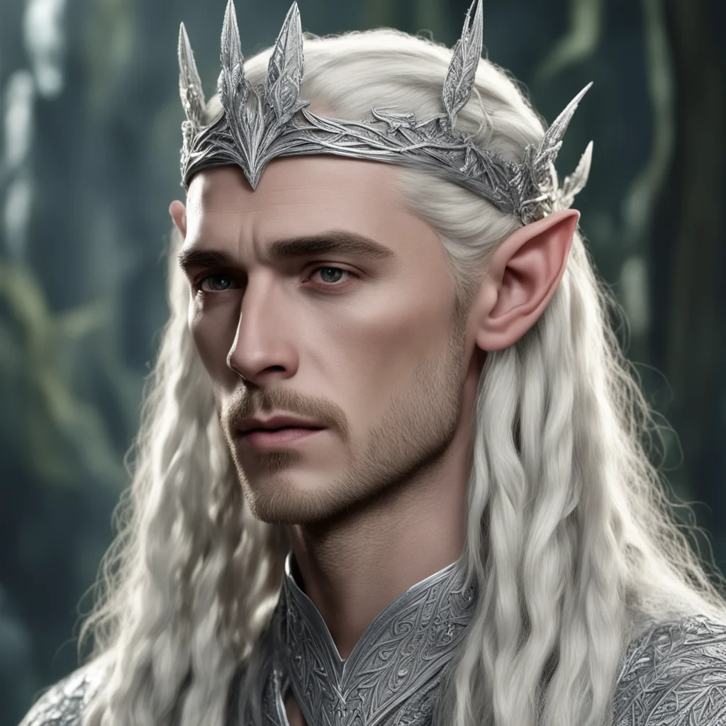 aiking thranduil with blond hair and braids wearing silver vine encrusted with diamonds to form small silver noldorin circlet with large center diamond amazing awesome portrait 2