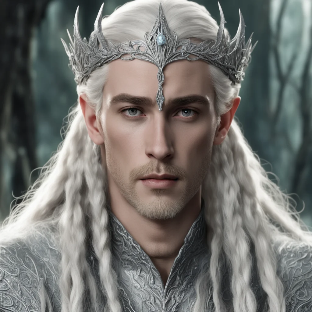 aiking thranduil with blond hair and braids wearing silver vine encrusted with diamonds to form small silver noldorin circlet with large center diamond good looking trending fantastic 1