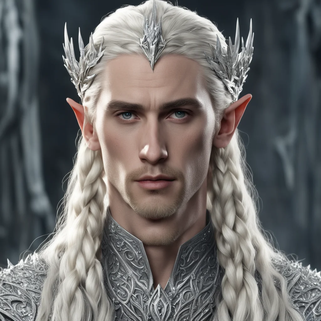 aiking thranduil with blond hair and braids wearing silver vine encrusted with diamonds to form small silver noldorin circlet with large center diamond