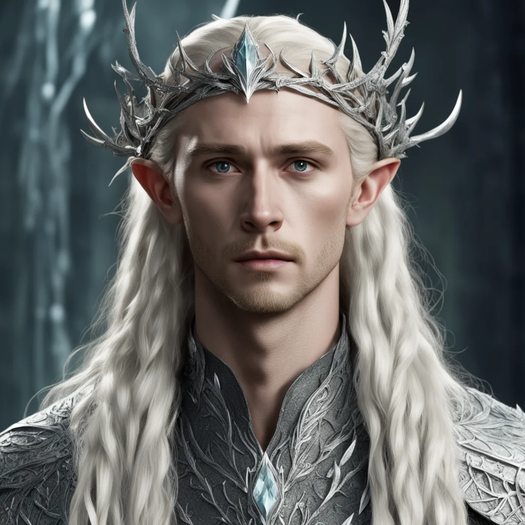 aiking thranduil with blond hair and braids wearing silver vine of thorns and leaves with silver elvish circlet encrusted with diamonds with large diamond in the center amazing awesome portrait 2