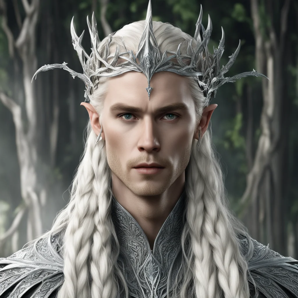 aiking thranduil with blond hair and braids wearing silver vine of thorns and leaves with silver elvish circlet encrusted with diamonds with large diamond in the center