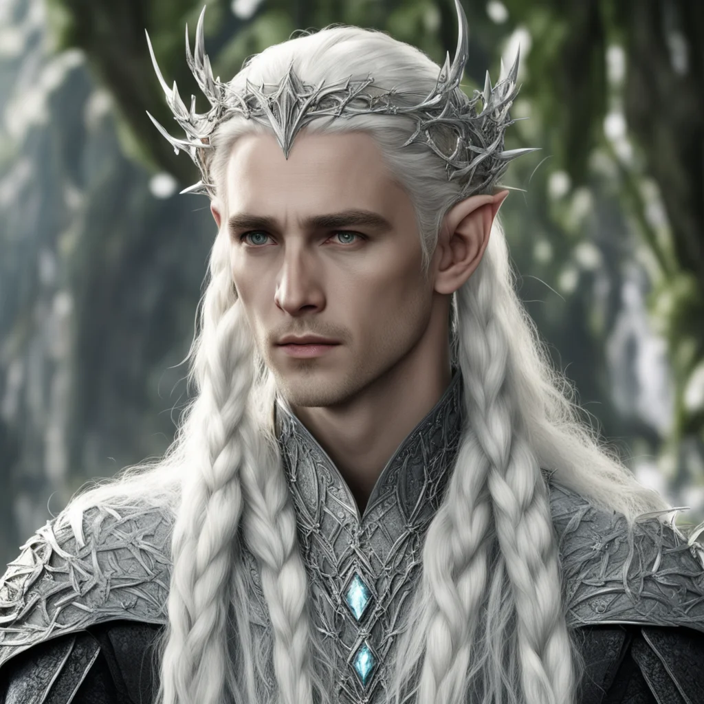 aiking thranduil with blond hair and braids wearing silver vine of thorns intertwined with clusters of large diamonds silver elvish circlet with large center diamond amazing awesome portrait 2