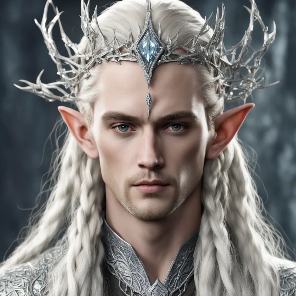 aiking thranduil with blond hair and braids wearing silver vine of thorns intertwined with clusters of large diamonds silver elvish circlet with large center diamond