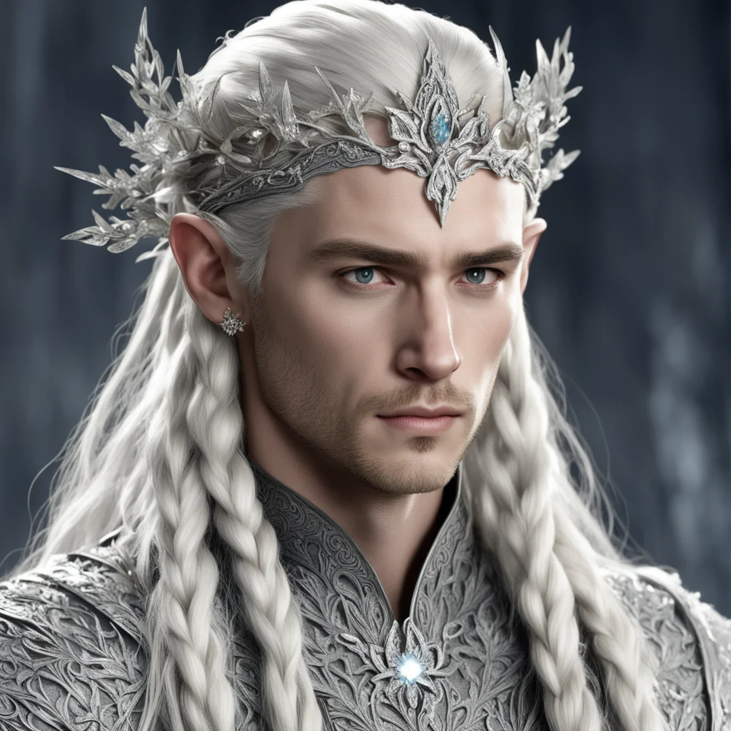 aiking thranduil with blond hair and braids wearing silver vines and silver flowers encrusted with diamonds with large center diamond to form a silver elvish circlet amazing awesome portrait 2