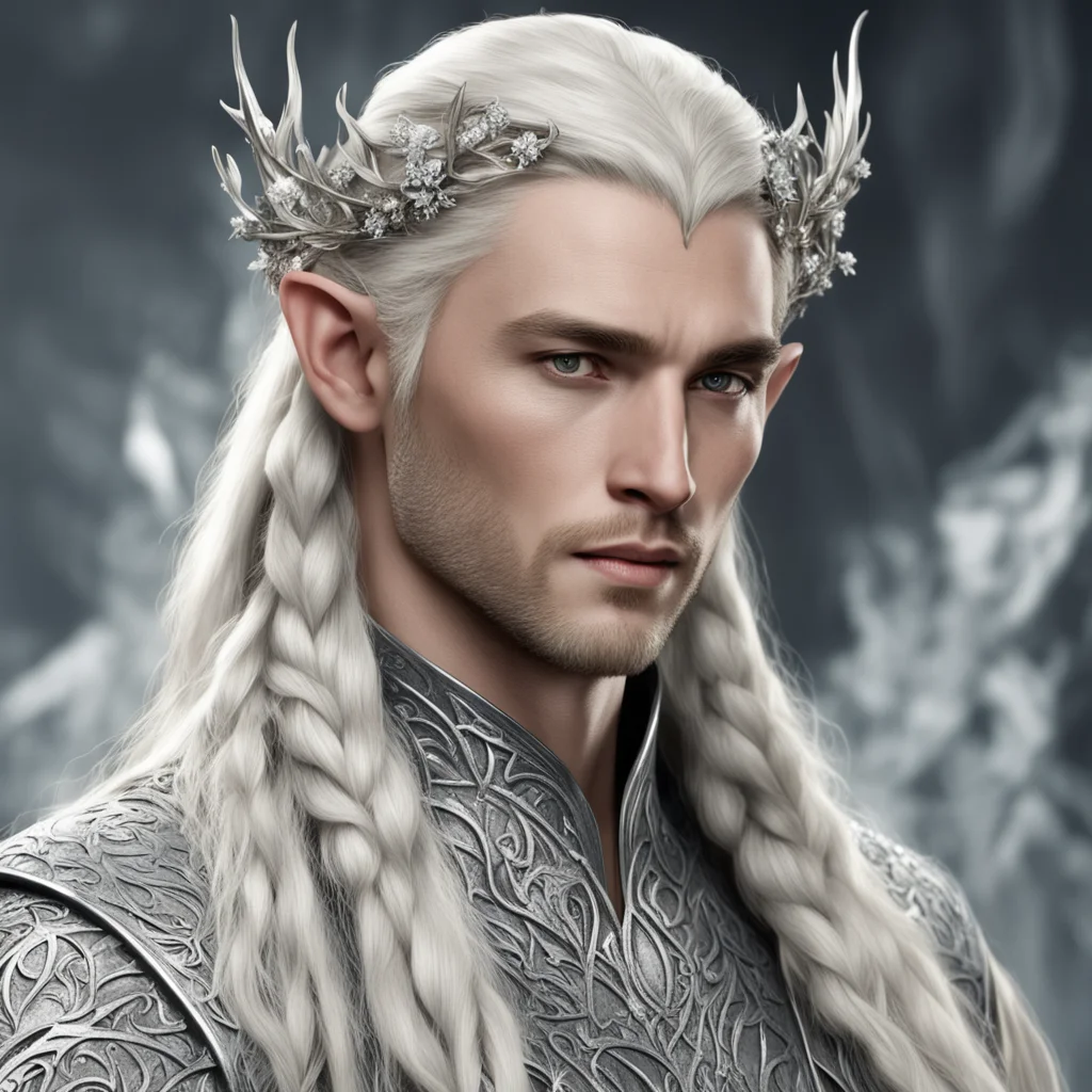 king thranduil with blond hair and braids wearing silver vines and silver flowers encrusted with diamonds with large center diamond to form a silver elvish circlet confident engaging wow artstation 