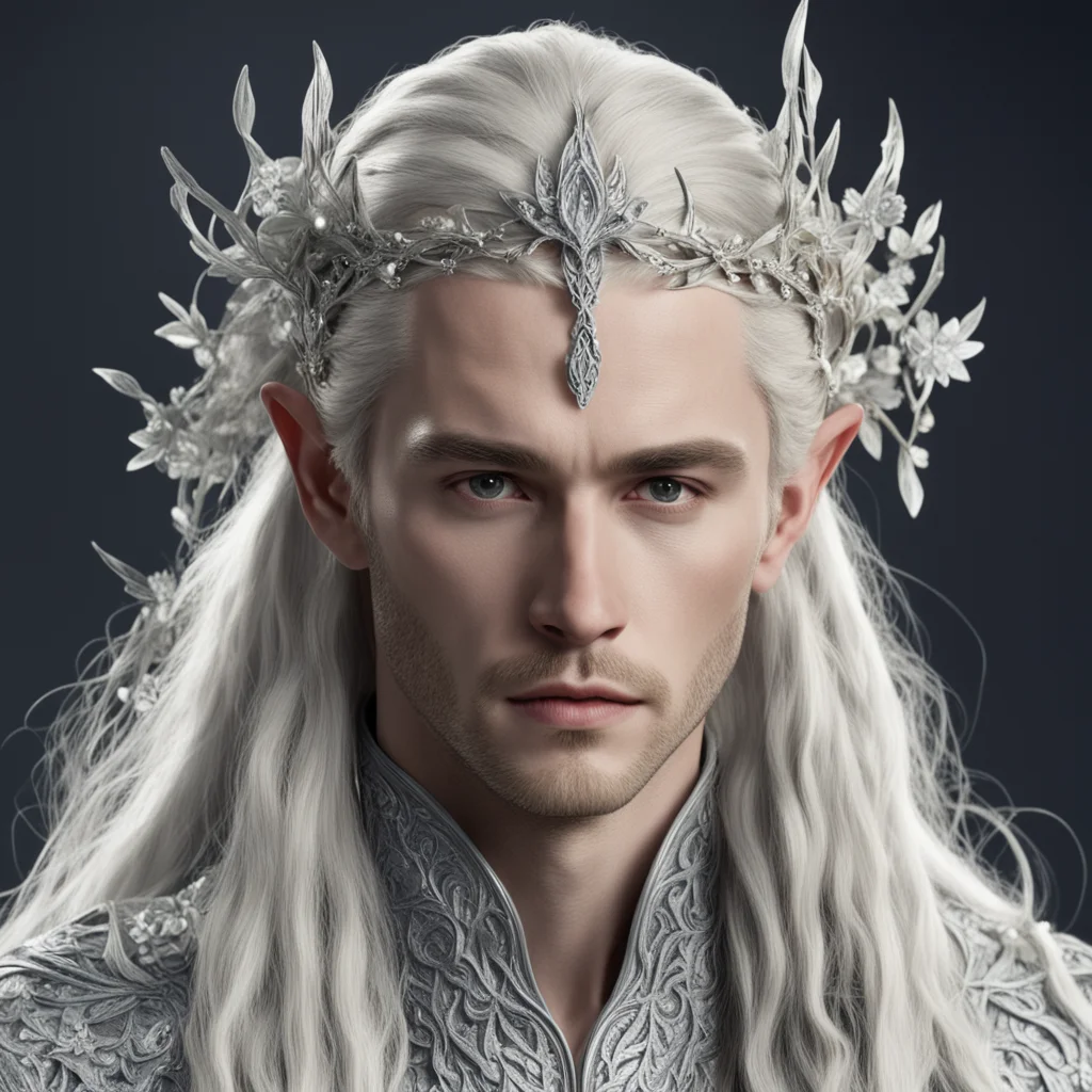 king thranduil with blond hair and braids wearing silver vines and silver flowers encrusted with diamonds with large center diamond to form a silver elvish circlet