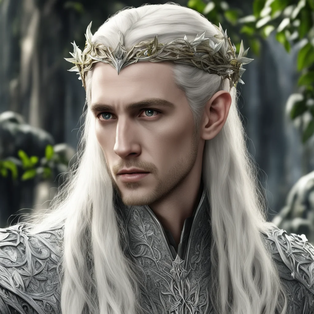 aiking thranduil with blond hair and braids wearing silver vines and silver ivy leaves with diamonds in the hair amazing awesome portrait 2