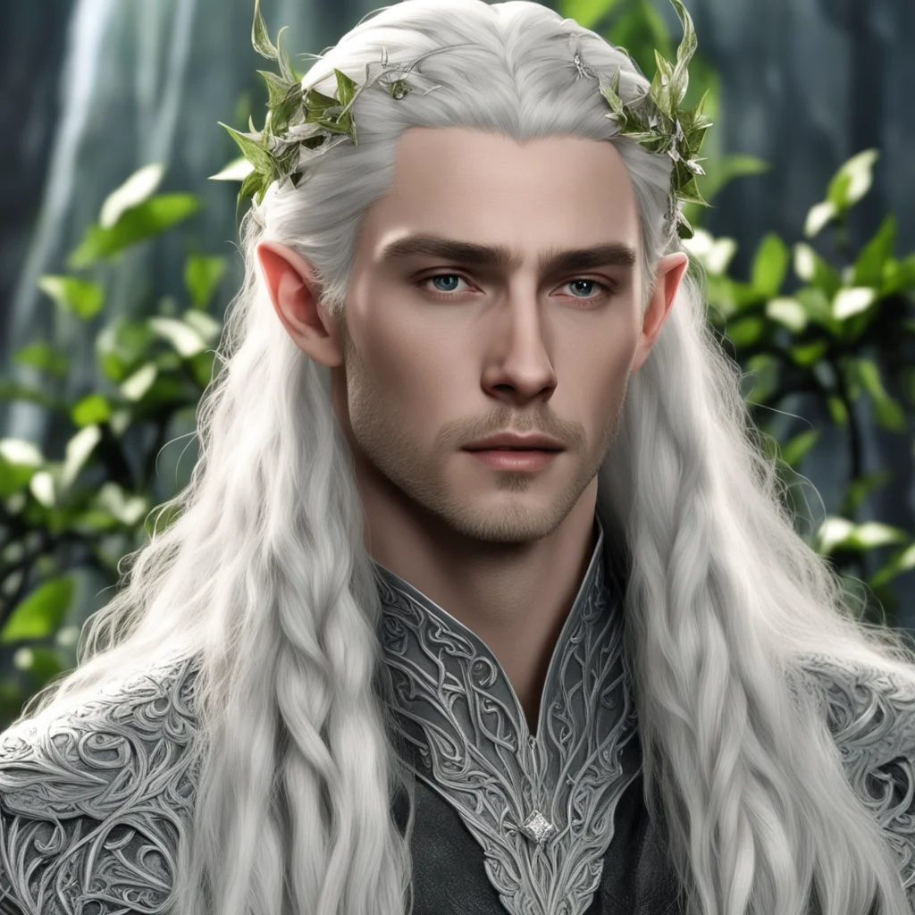 aiking thranduil with blond hair and braids wearing silver vines and silver ivy leaves with diamonds in the hair confident engaging wow artstation art 3