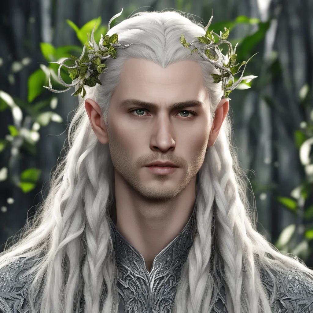 king thranduil with blond hair and braids wearing silver vines and silver ivy leaves with diamonds in the hair good looking trending fantastic 1